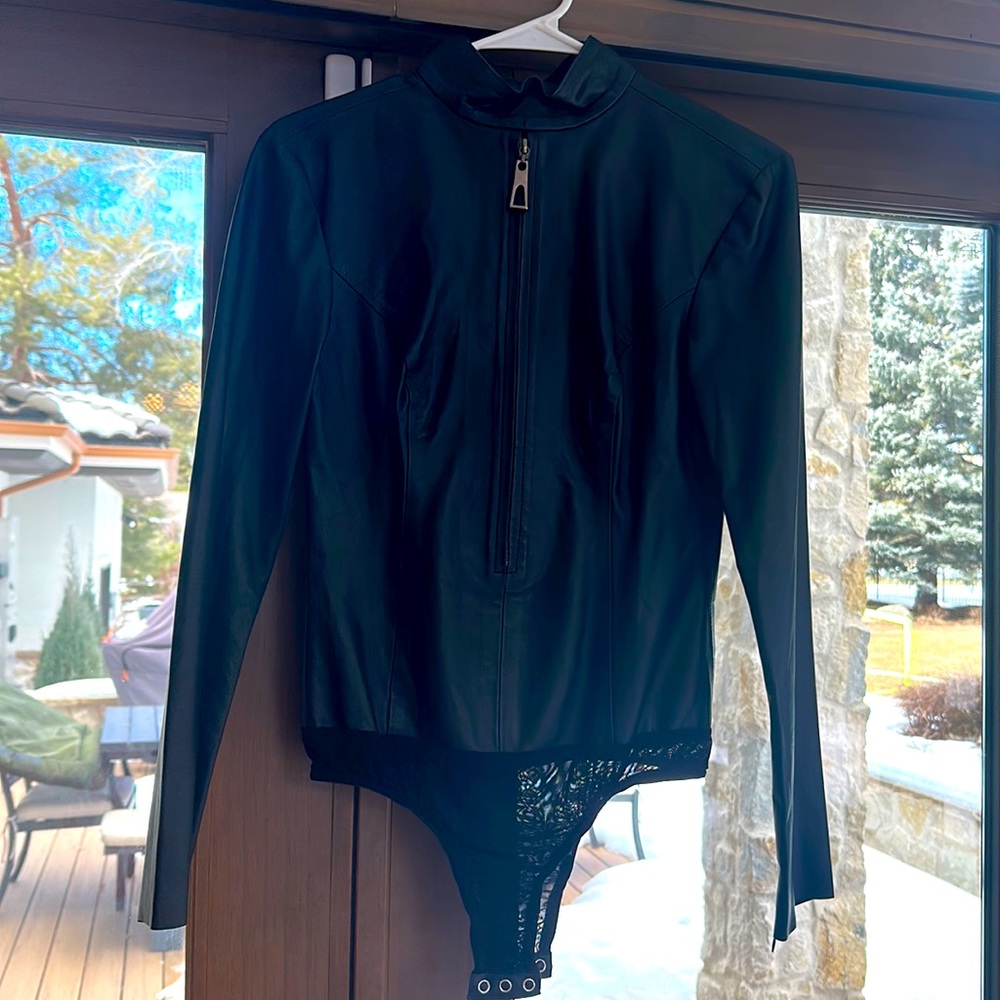 Real Leather bodysuit with front zipper and zipper both sleeves